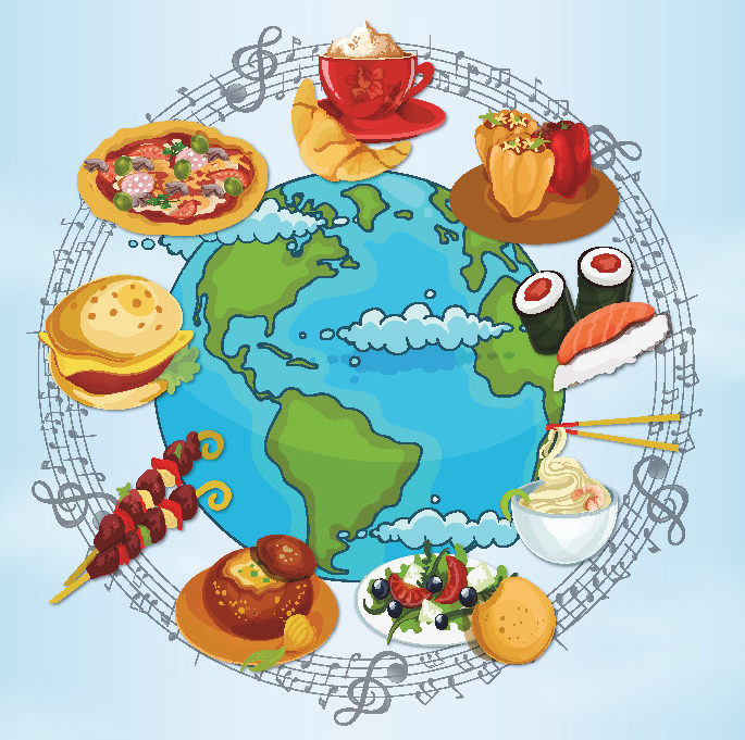 Cartoon of the globe with assorted food items around it